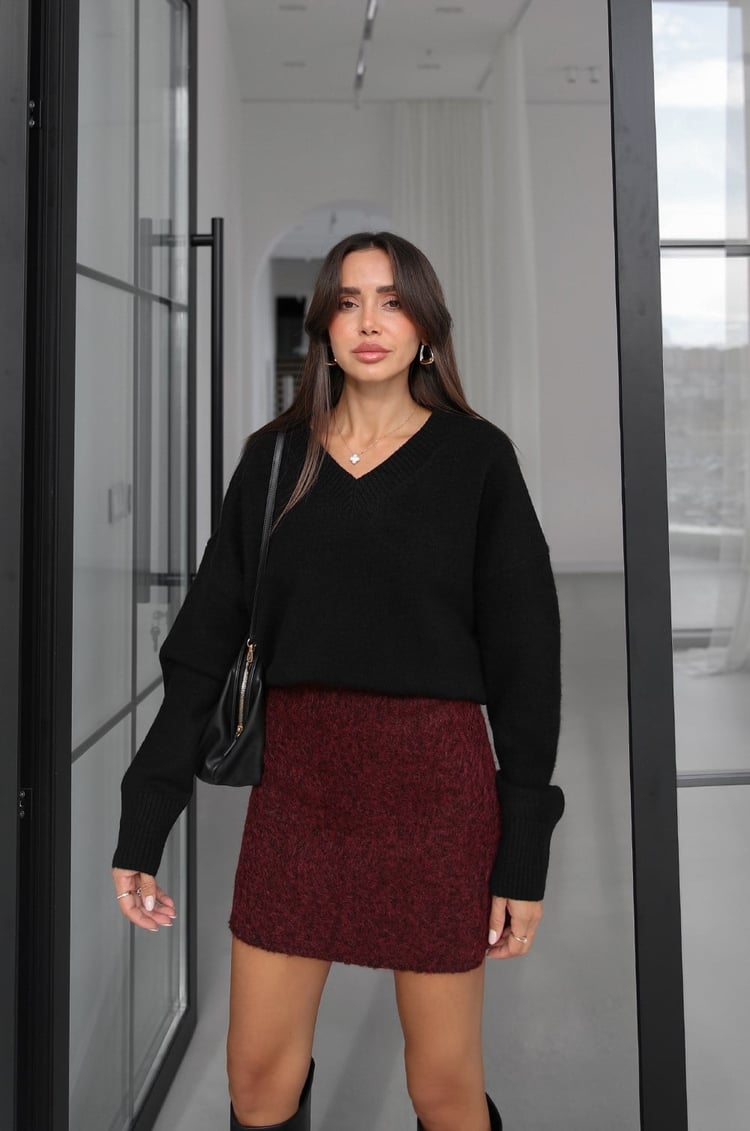 Siyah Lorenza V Yaka Yün Karışımlı Premium Kazak