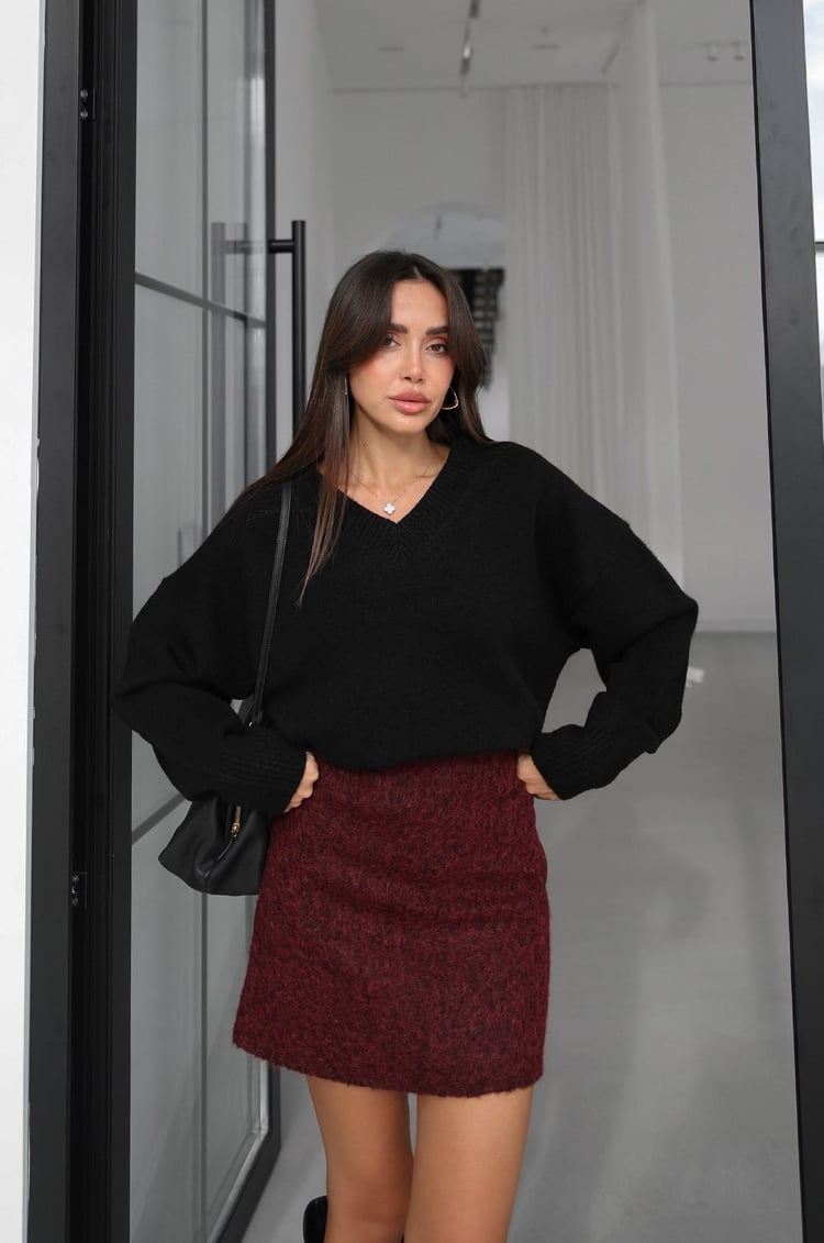 Siyah Lorenza V Yaka Yün Karışımlı Premium Kazak