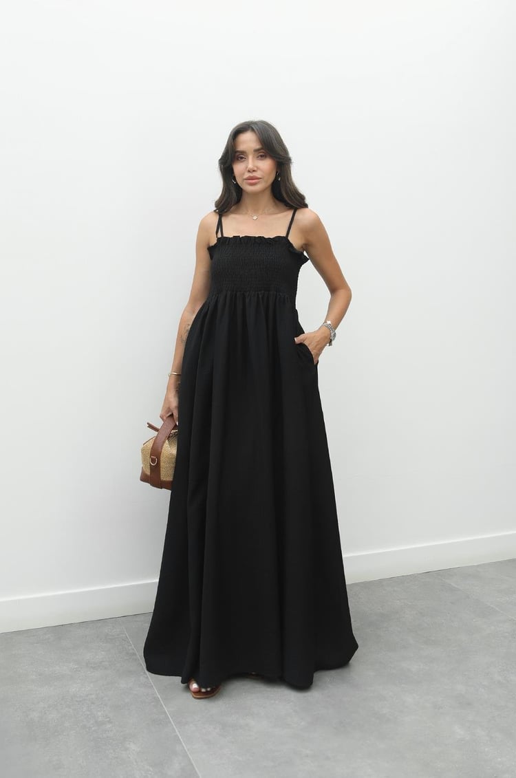 Siyah Lucca İp Askılı Lastikli Elbise