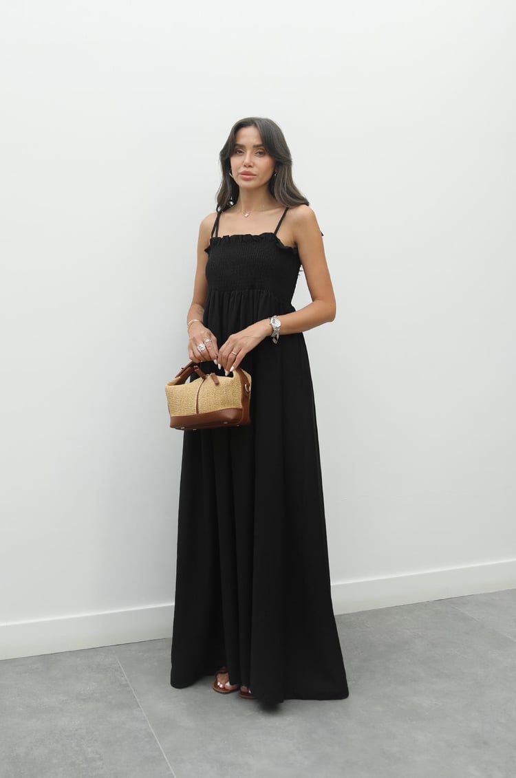 Siyah Lucca İp Askılı Lastikli Elbise