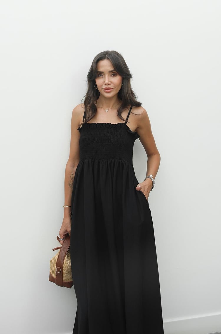 Siyah Lucca İp Askılı Lastikli Elbise