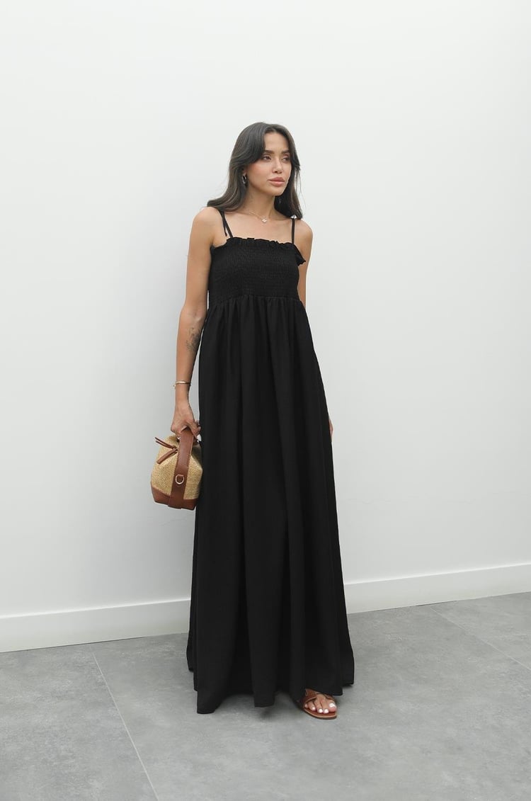 Siyah Lucca İp Askılı Lastikli Elbise
