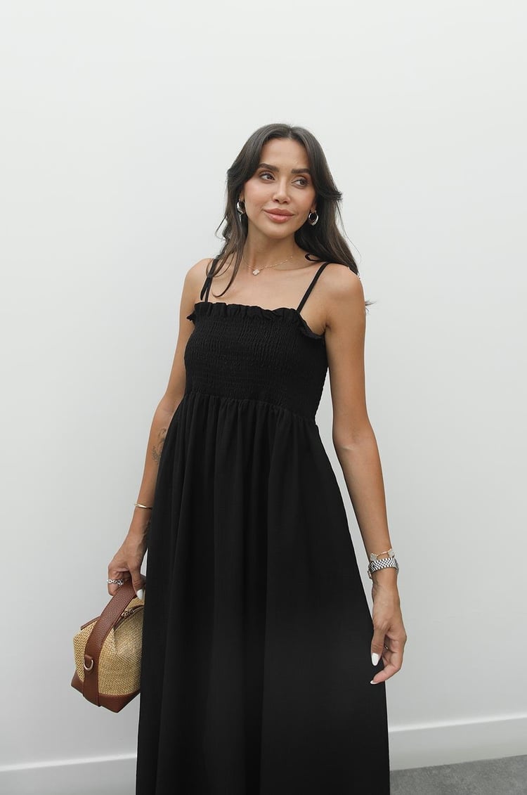Siyah Lucca İp Askılı Lastikli Elbise