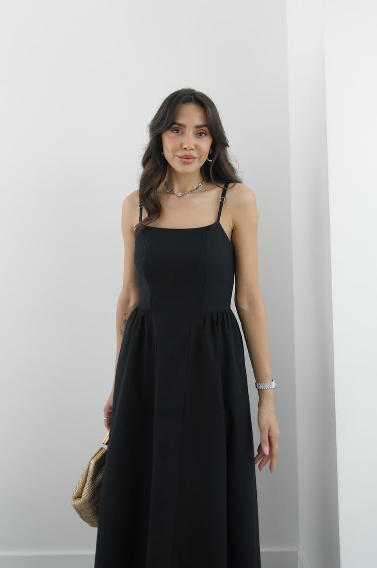 Siyah Miusa Midi Boy Elbise