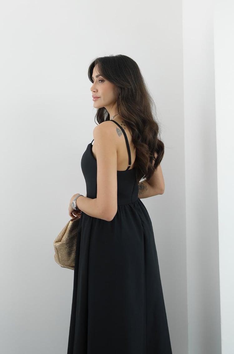 Siyah Miusa Midi Boy Elbise