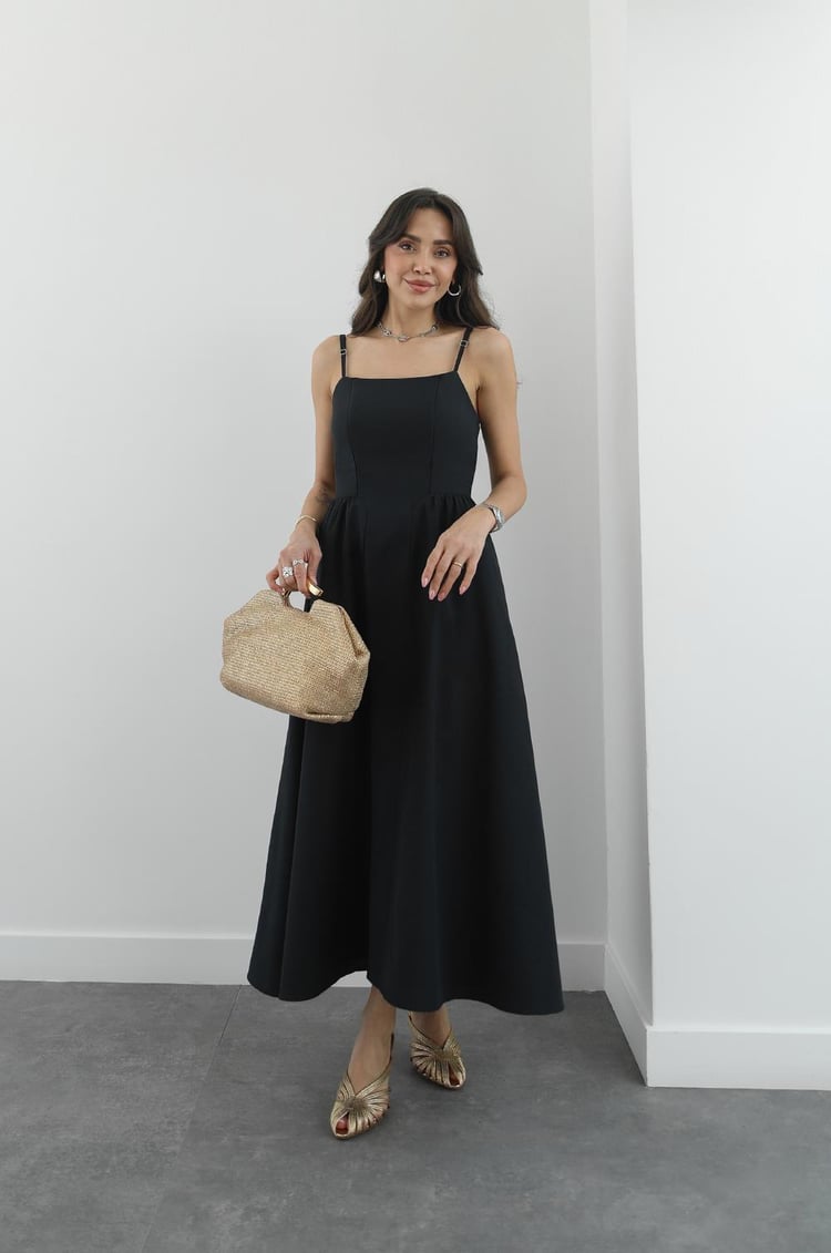 Siyah Miusa Midi Boy Elbise