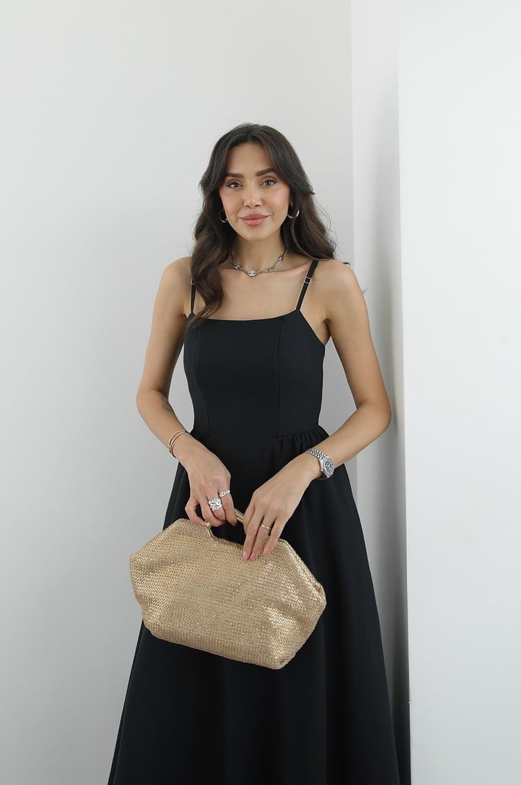 Siyah Miusa Midi Boy Elbise