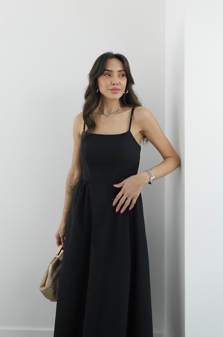 Siyah Miusa Midi Boy Elbise