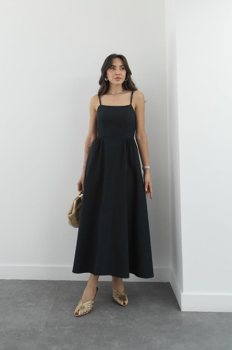 Siyah Miusa Midi Boy Elbise