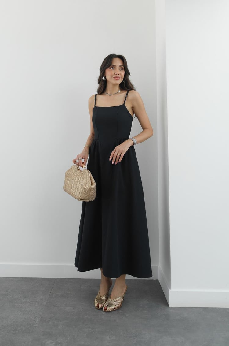 Siyah Miusa Midi Boy Elbise