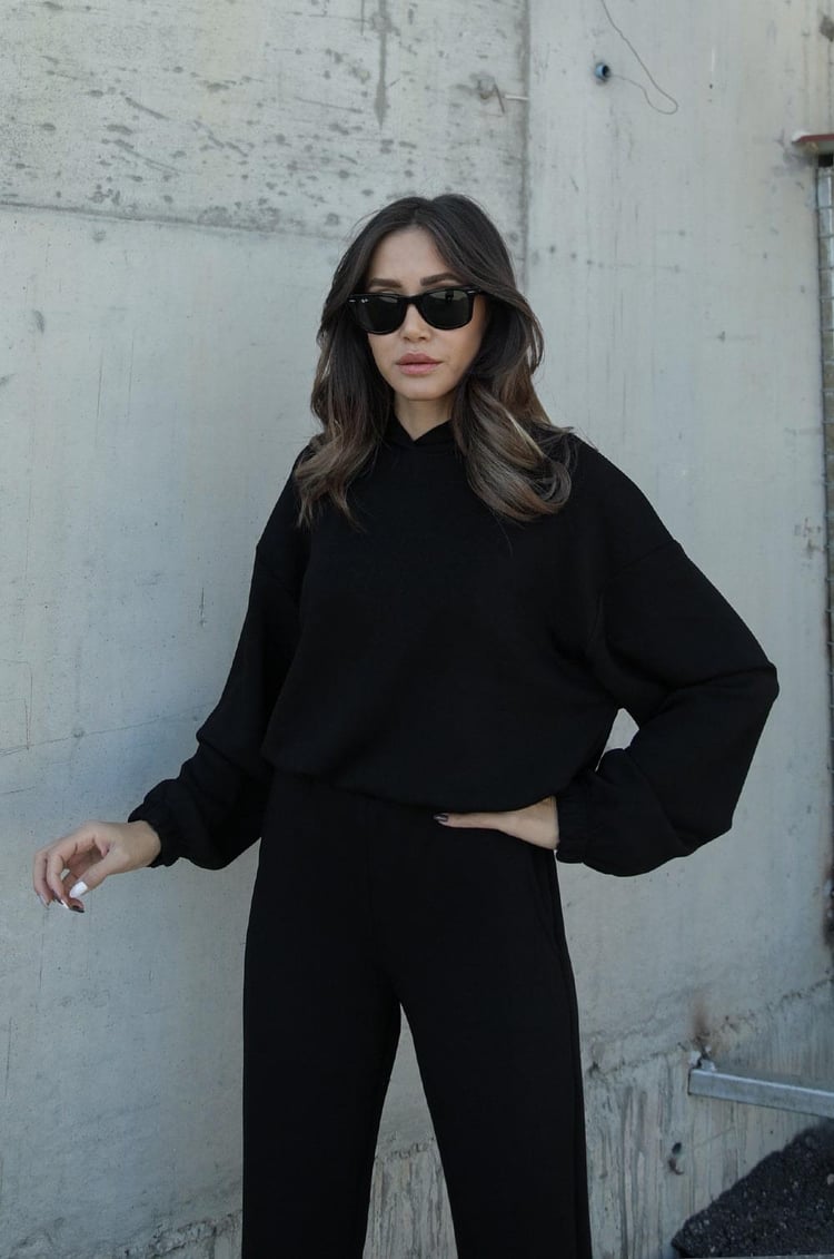Siyah Modal Kapüşonlu Sweatshirt Pantolon Takım