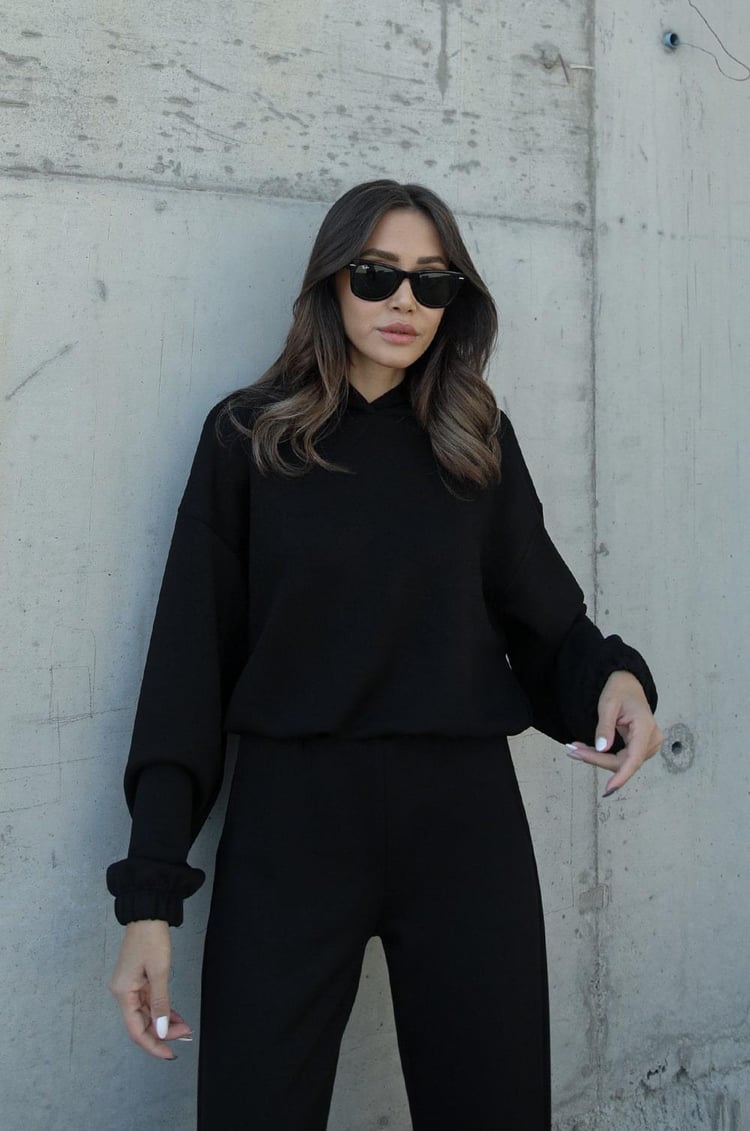 Siyah Modal Kapüşonlu Sweatshirt Pantolon Takım
