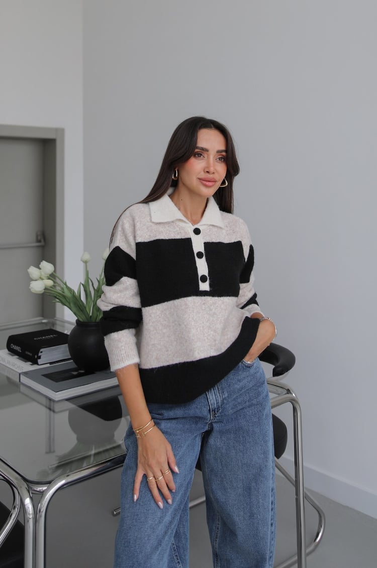 Siyah Nora Çizgili Polo Yaka Kazak