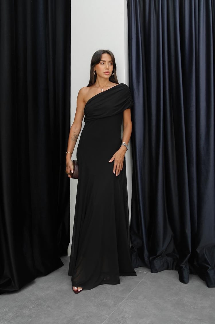 Siyah One Shoulder Şifon Elbise