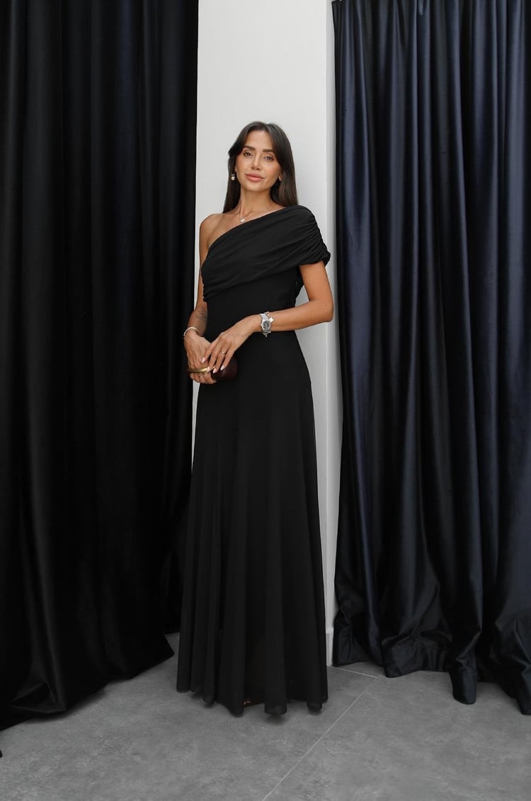 Siyah One Shoulder Şifon Elbise