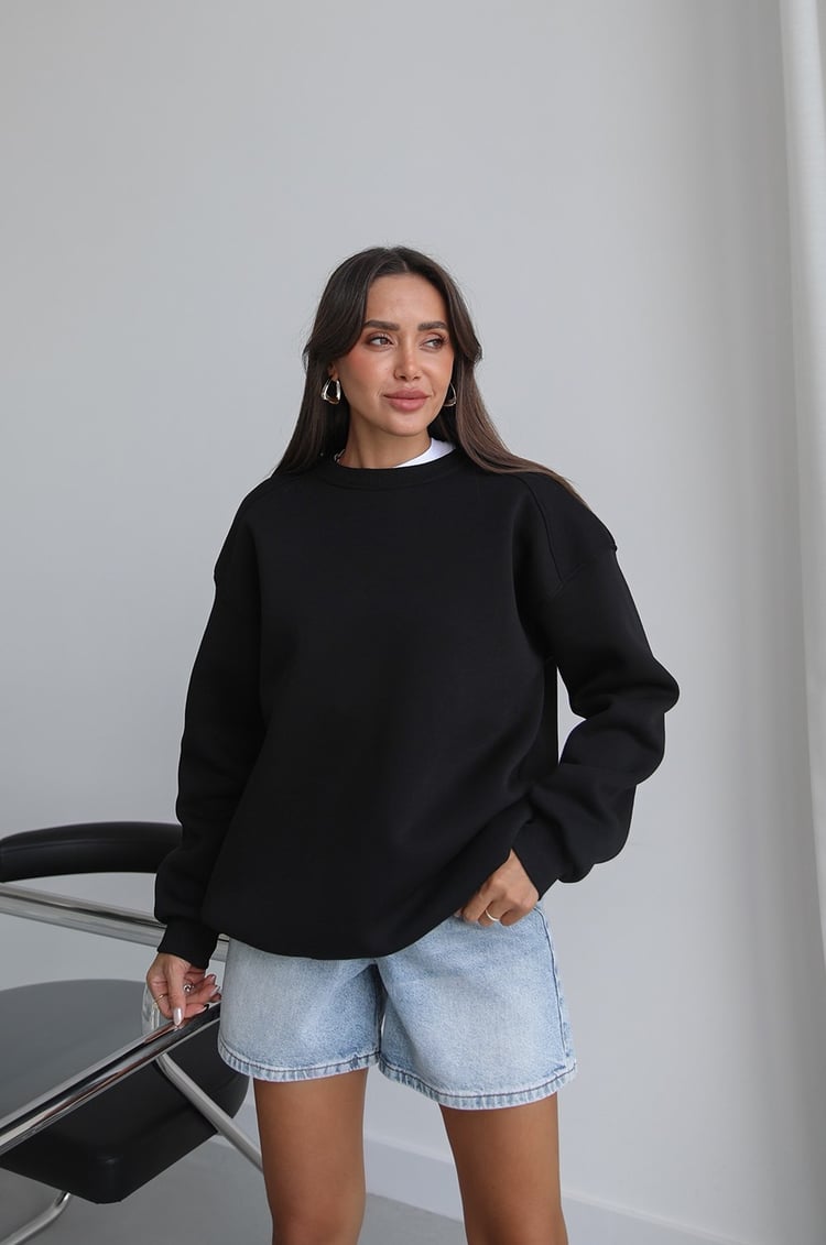 Siyah Orin Bisiklet Yaka Sweatshirt  