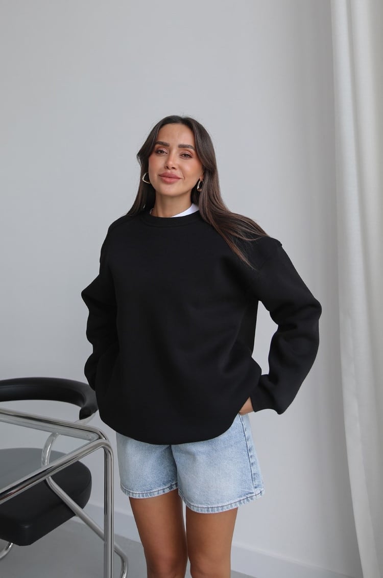 Siyah Orin Bisiklet Yaka Sweatshirt  