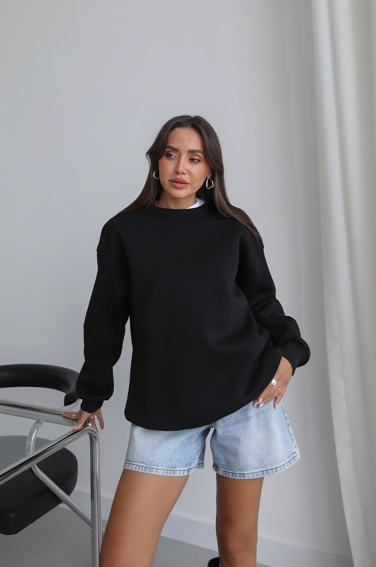 Siyah Orin Bisiklet Yaka Sweatshirt  
