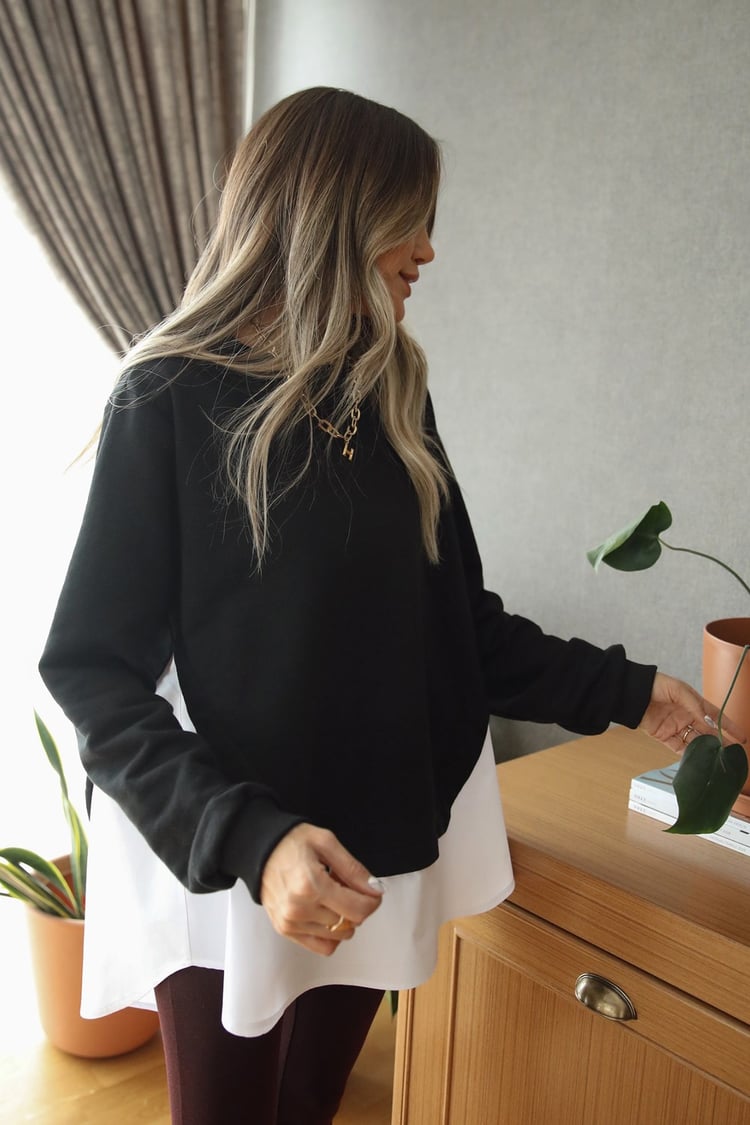 Siyah Poplin Detaylı Sweatshirt