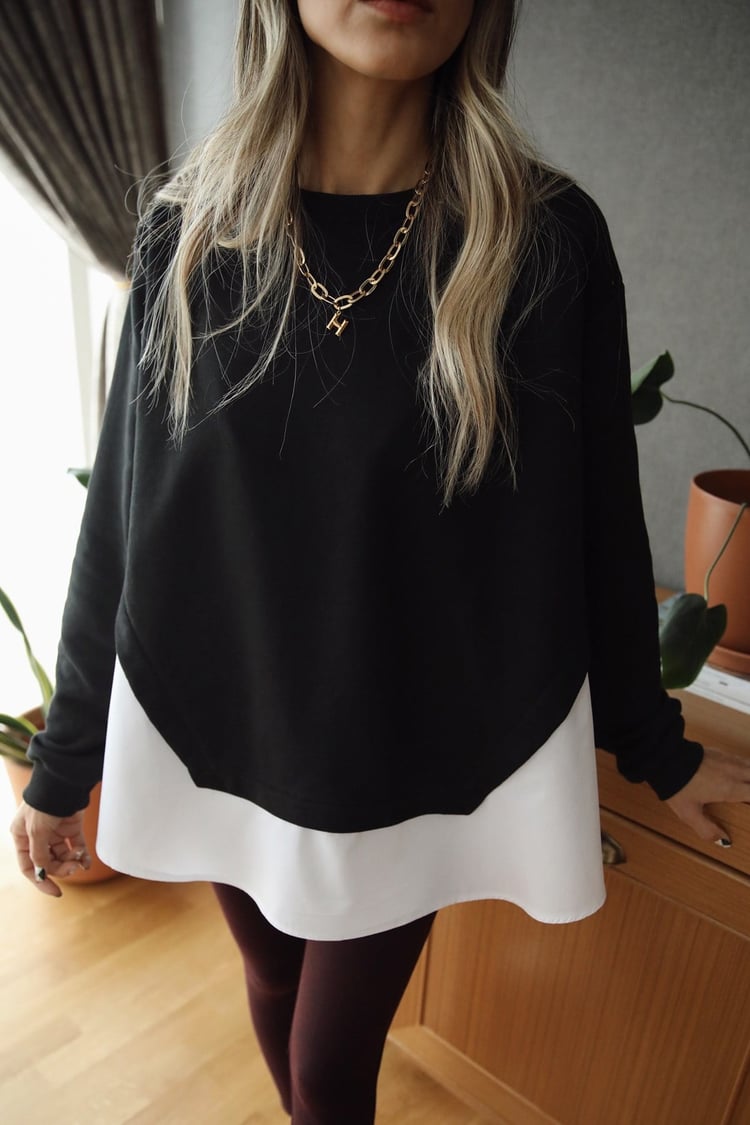 Siyah Poplin Detaylı Sweatshirt