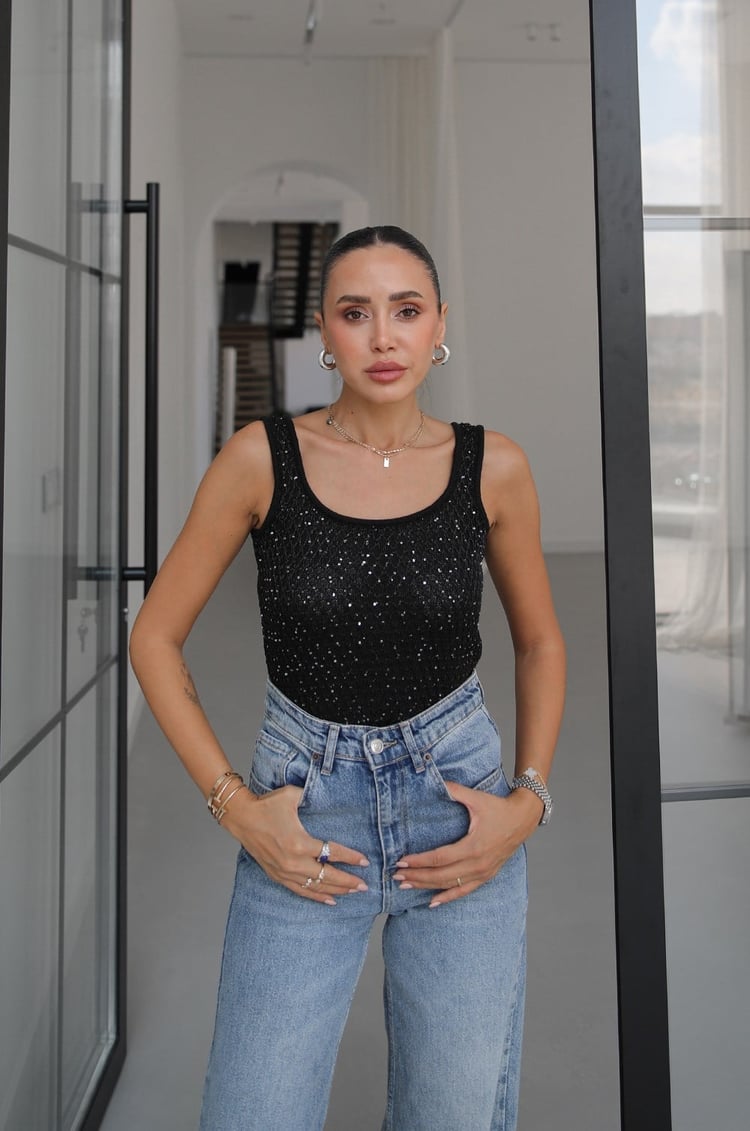 Siyah Pullu Yelek Bluz Takım