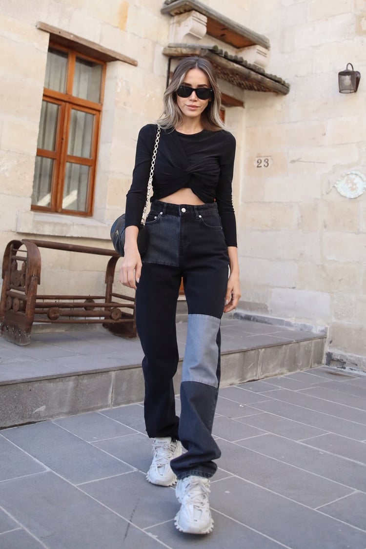 Siyah Renk Bloklu Straight Jean