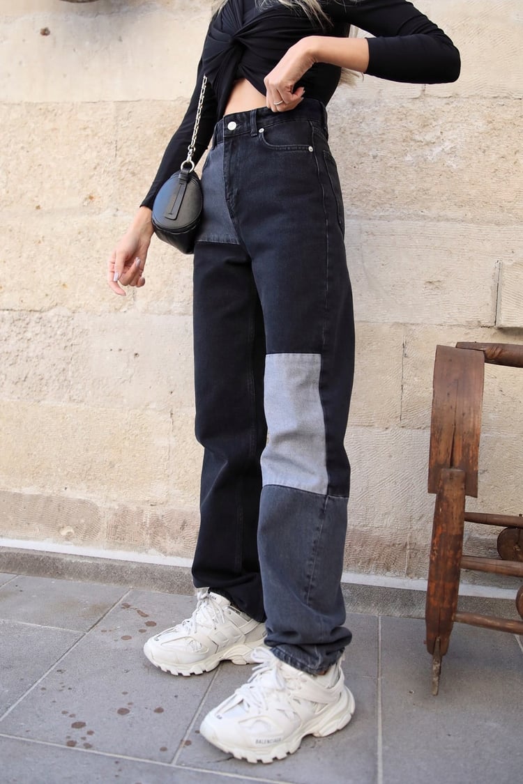 Siyah Renk Bloklu Straight Jean