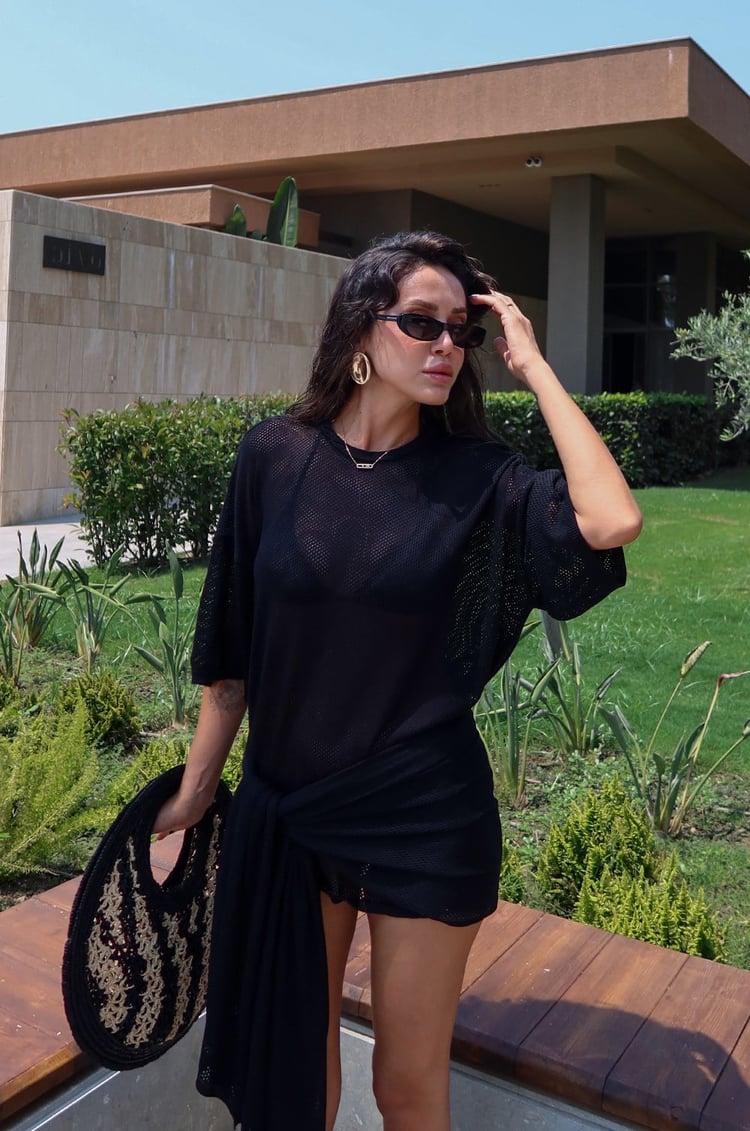 Siyah Şal Bağlamalı File Elbise