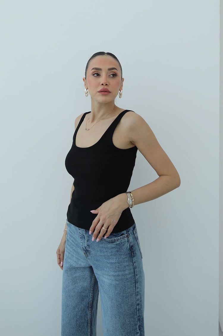 Siyah Scoop Neck Fitilli Atlet