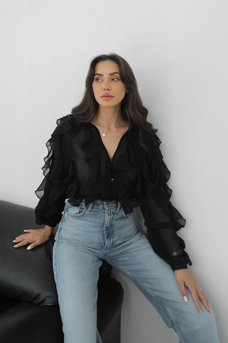 Siyah Seymour Fırfırlı Gömlek