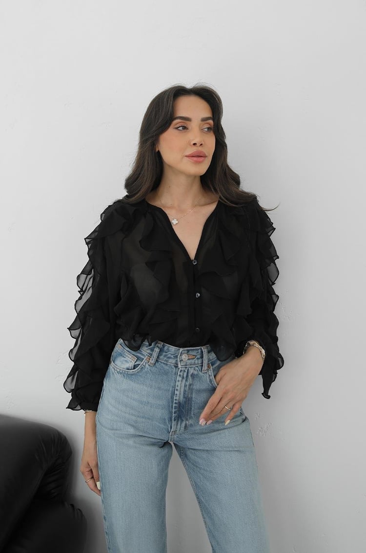 Siyah Seymour Fırfırlı Gömlek