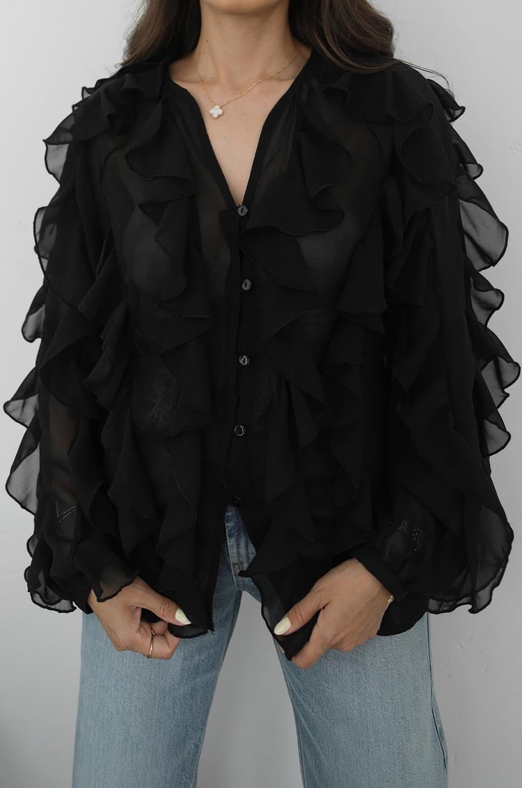 Siyah Seymour Fırfırlı Gömlek