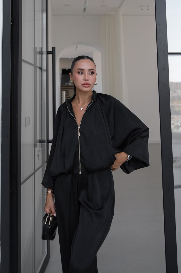 Siyah Soho Bomber Ceket Pantolon Saten Takım