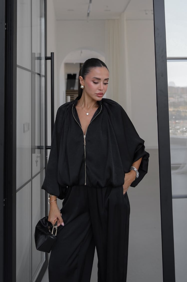 Siyah Soho Bomber Ceket Pantolon Saten Takım