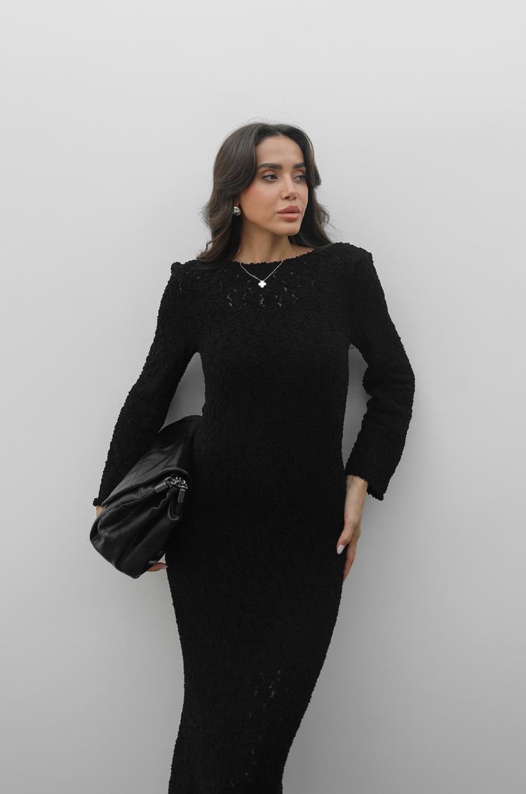 Siyah Superior Dokulu Astarlı Elbise