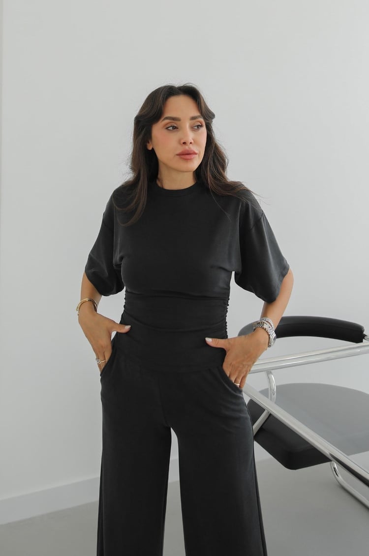 Siyah Swanky Yanları Büzgülü Bluz Pantolon Takım