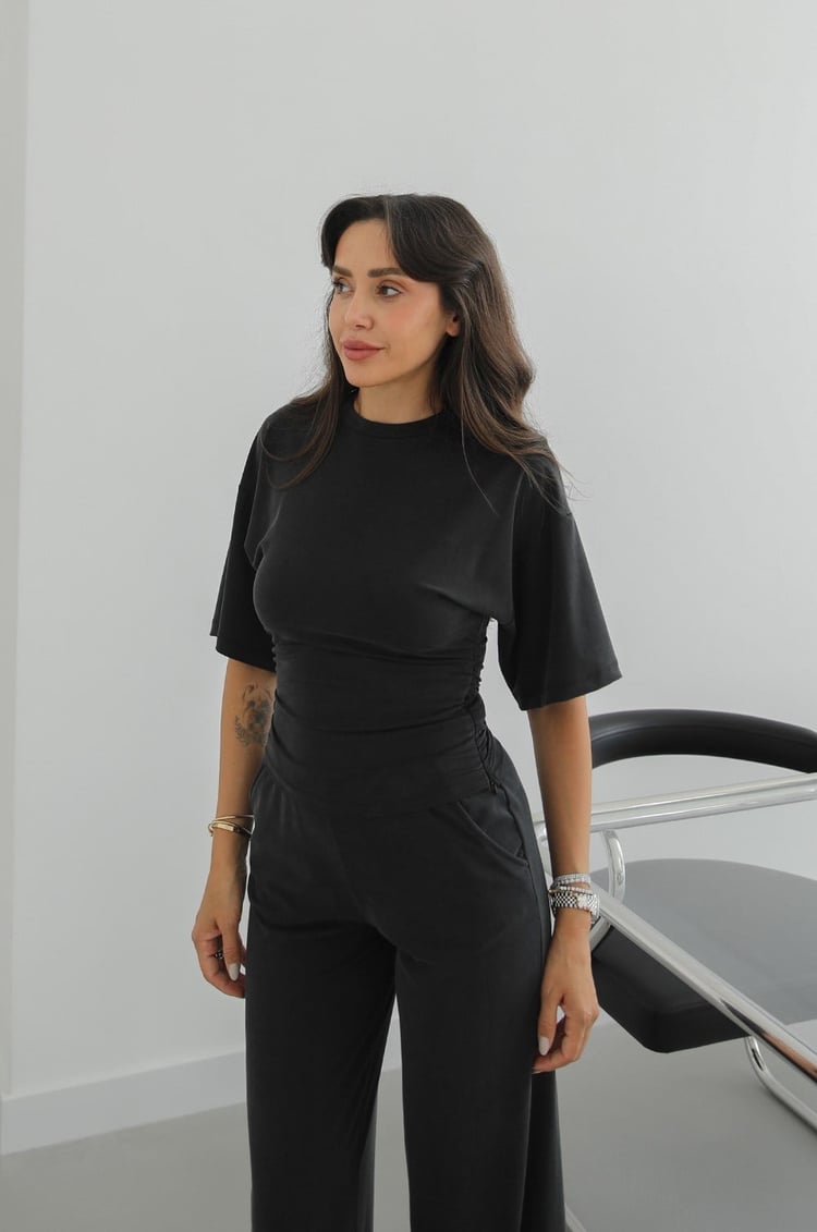 Siyah Swanky Yanları Büzgülü Bluz Pantolon Takım