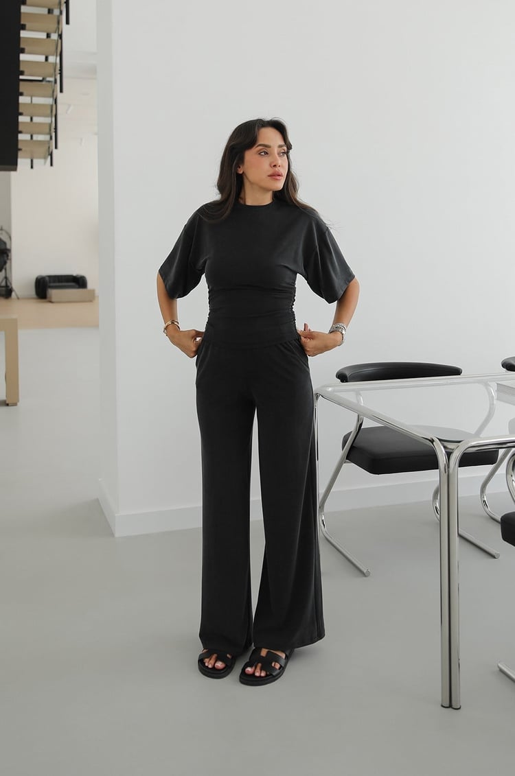 Siyah Swanky Yanları Büzgülü Bluz Pantolon Takım