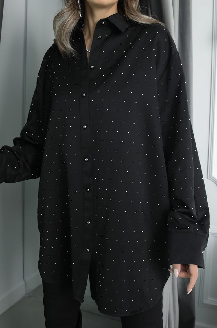 Siyah Taş İşlemeli Gömlek