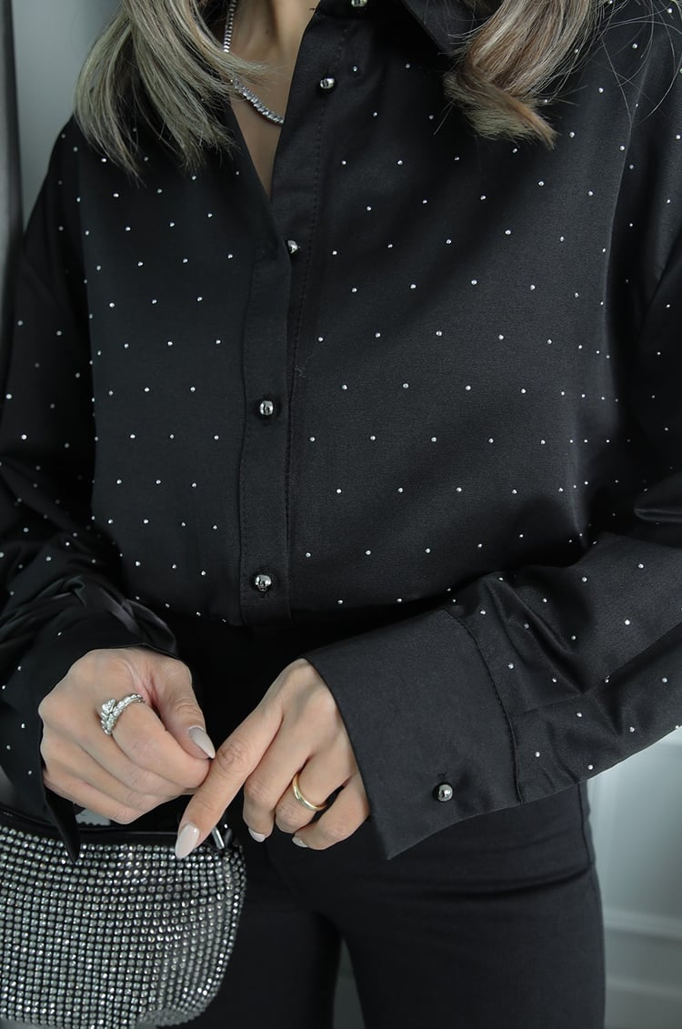 Siyah Taş İşlemeli Gömlek