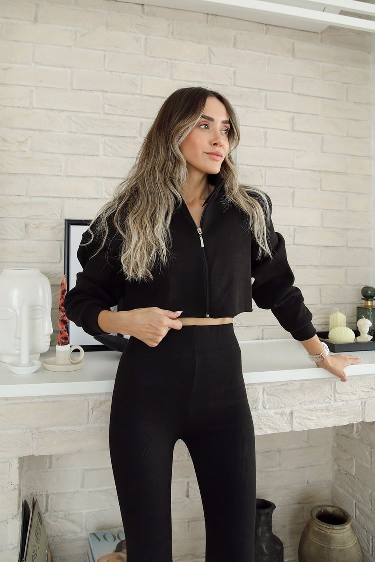 Siyah Tayt Crop Hırka Takım