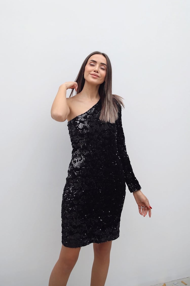 Siyah Tek Kollu Payetli Elbise