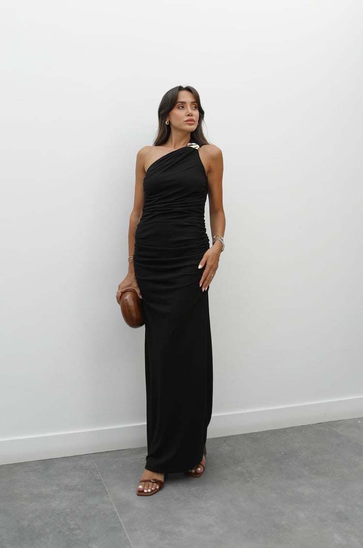 Siyah Tek Omuz Metal Detaylı Elbise