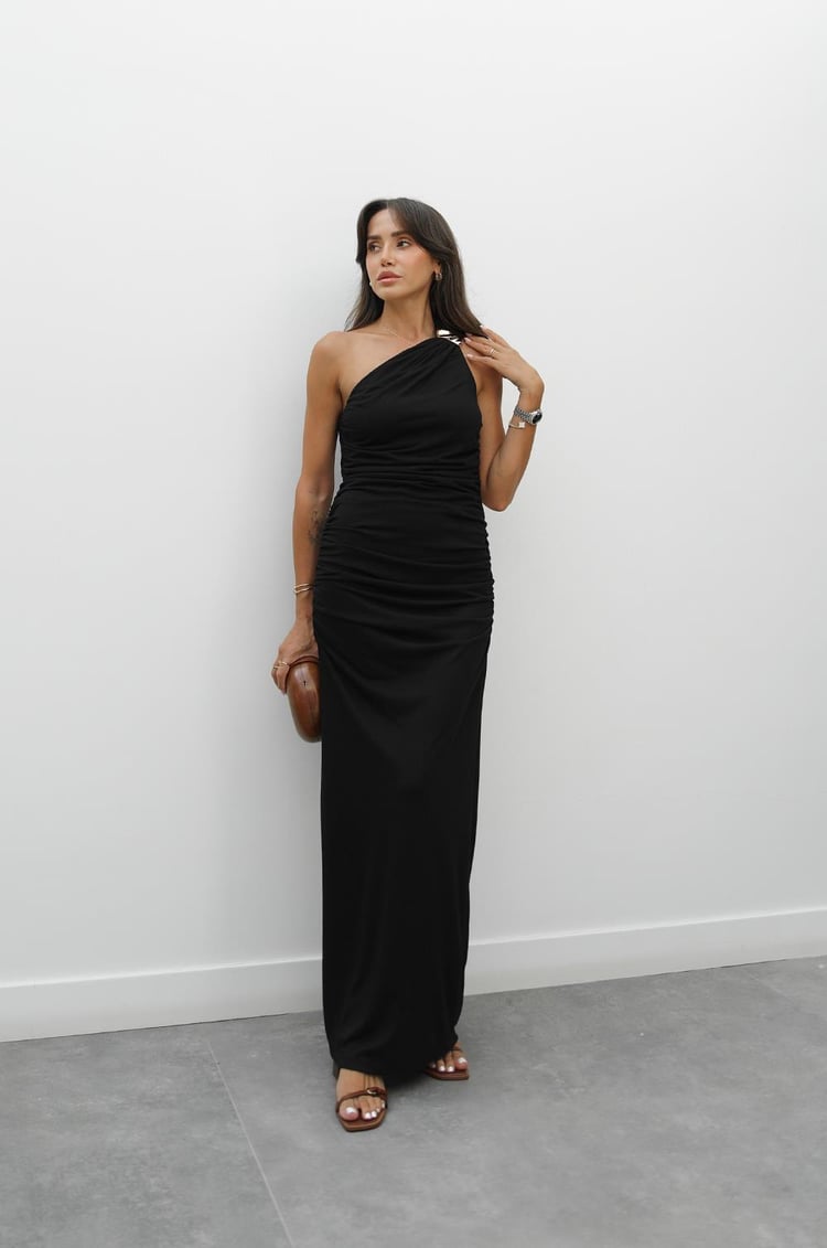 Siyah Tek Omuz Metal Detaylı Elbise