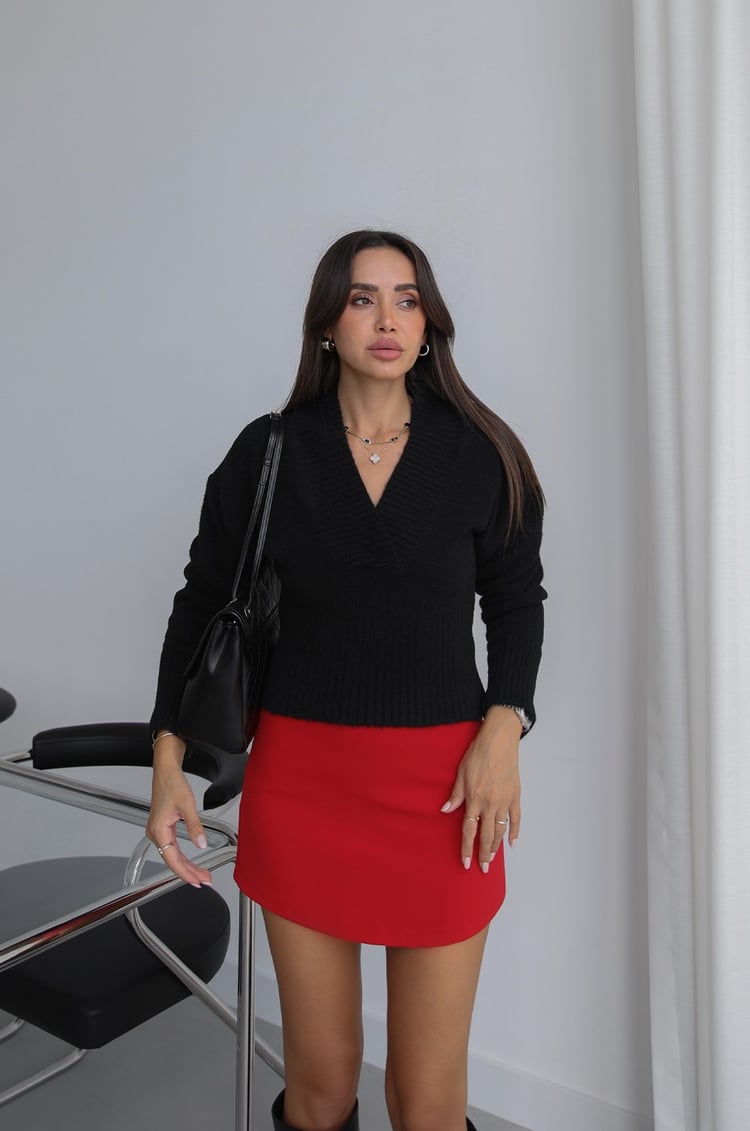 Siyah V Yaka Ribana Fitilli Kazak