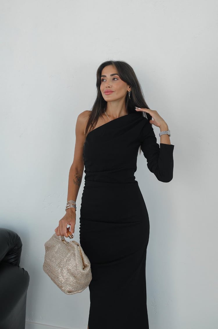 Siyah Wayne Tek Omuz Elbise
