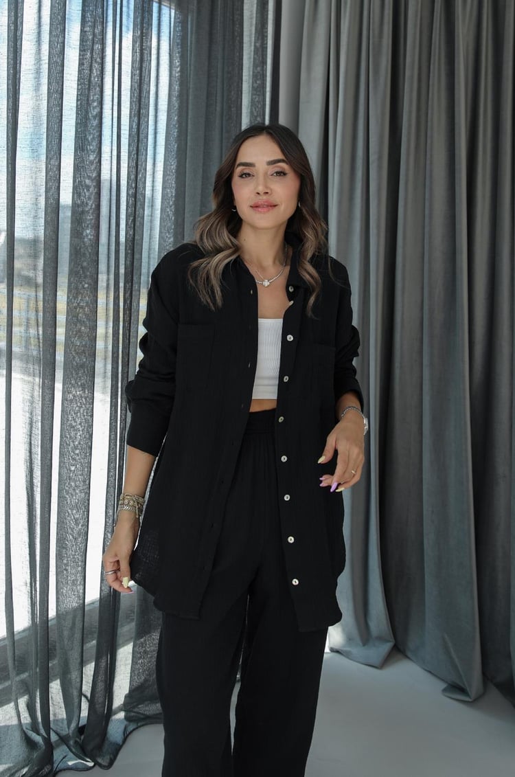 Siyah Yırtmaçlı Pantolon Gömlek Müslin Takım