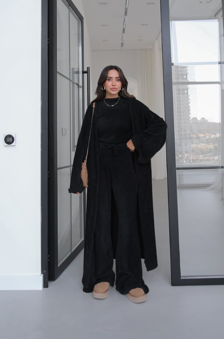 Siyah Yumoş Bluz Pantolon Kimono Takım