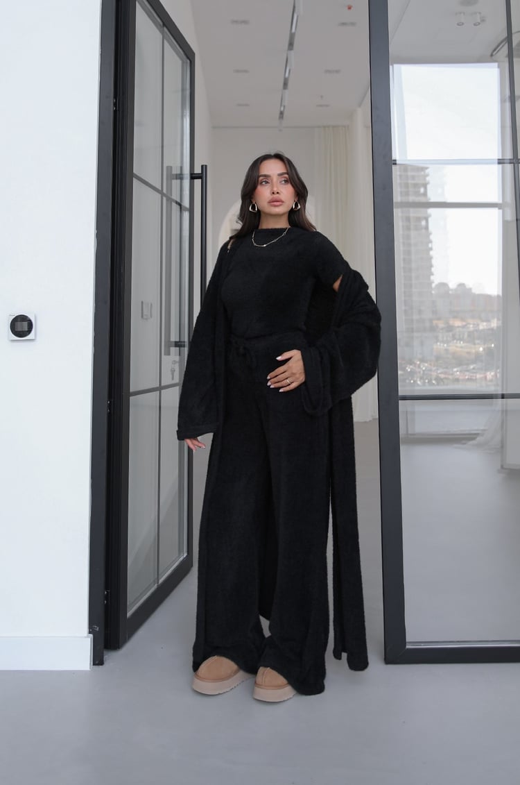 Siyah Yumoş Bluz Pantolon Kimono Takım