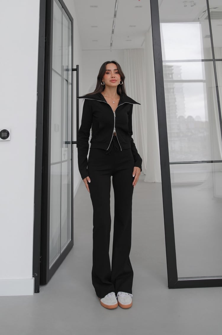 Siyah Zipper Geniş Yaka Çift Fermuarlı Eşofman Takım
